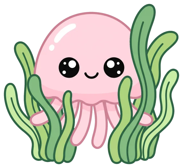 Cute pink jellyfish with seaweed underwater