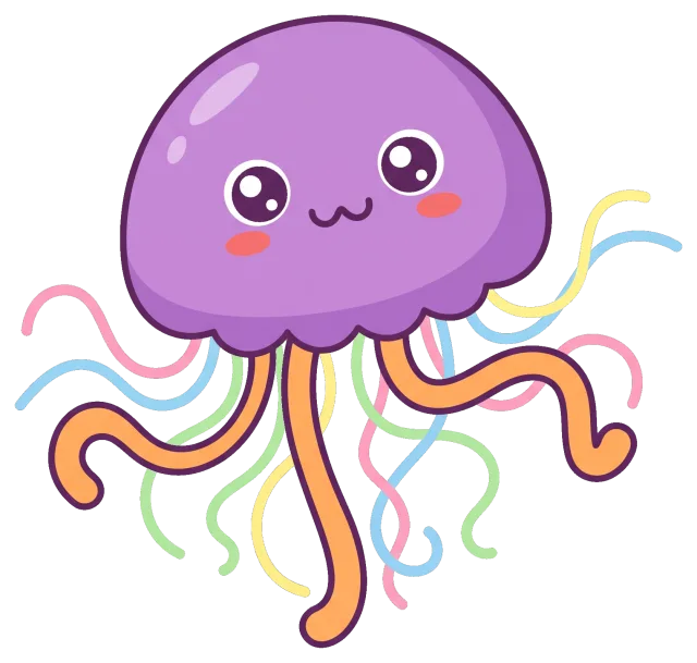Cute purple cartoon jellyfish with colorful tentacles