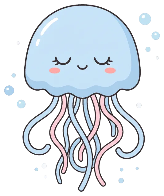 Cute smiling jellyfish with closed eyes and bubbles