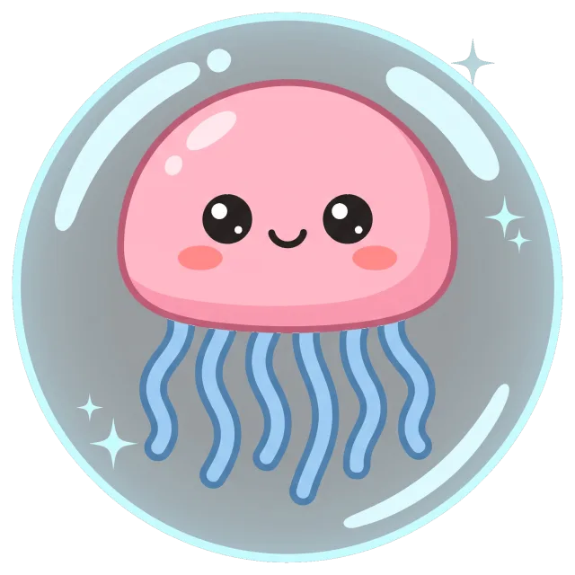 Cute smiling pink jellyfish with blue tentacles in bubble
