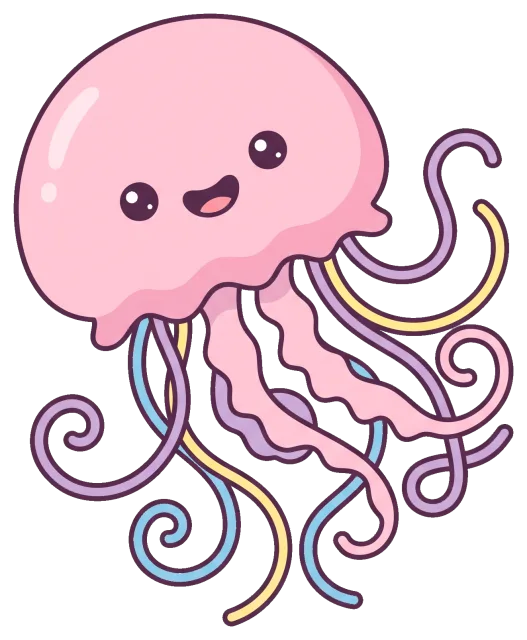 Cute smiling pink jellyfish with colorful tentacles