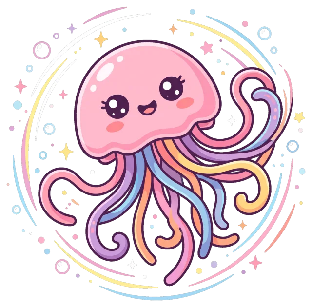Cute smiling pink jellyfish with colorful tentacles