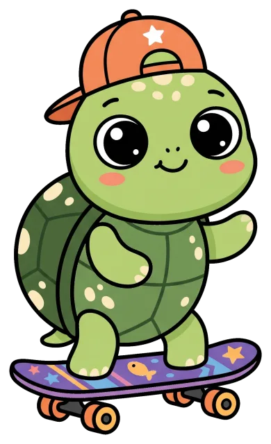 Cute Turtle Wearing Cap Riding Skateboard