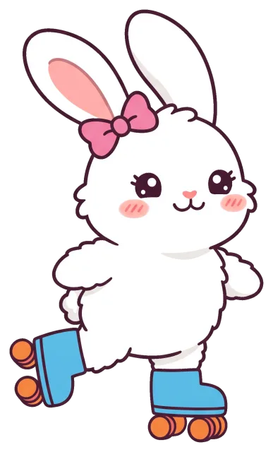 Cute white bunny roller skating with pink bow
