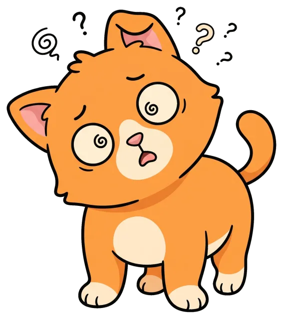 Confused orange cat with swirling eyes and question marks