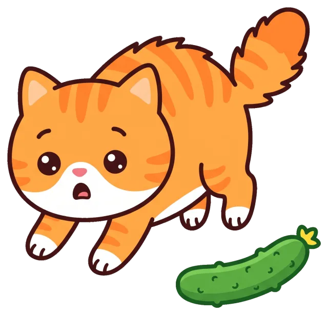 Curious orange cat looking at a green cucumber