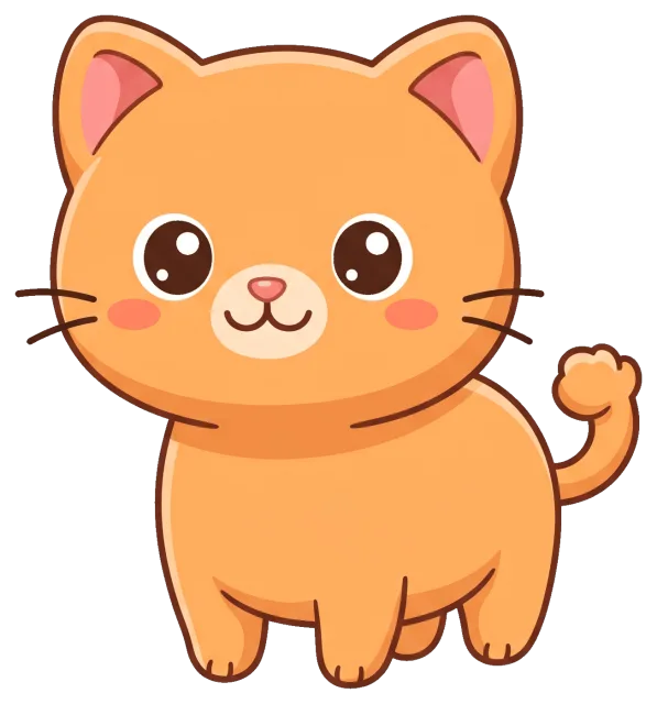 Cute cartoon orange cat with big eyes and curled tail