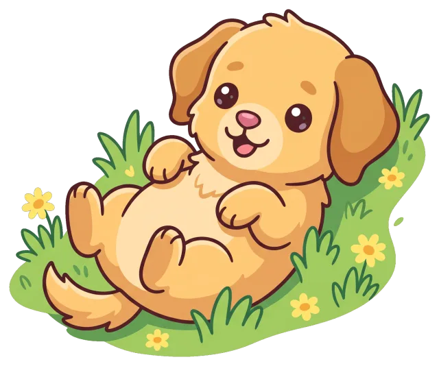 Cute cartoon puppy lying on grass with flowers