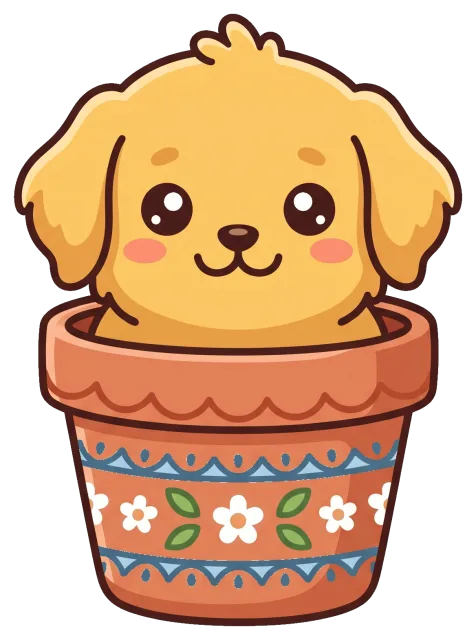 Cute cartoon puppy sitting in decorated flower pot