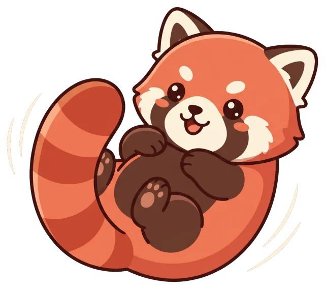 Cute cartoon red panda lying on its back with a happy expression