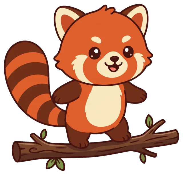 Cute cartoon red panda standing on a tree branch