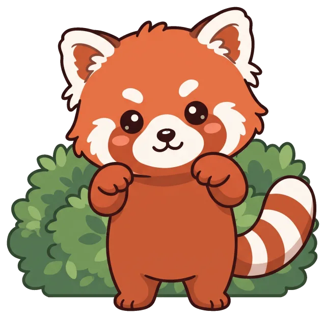 Cute cartoon red panda standing with green bushes background