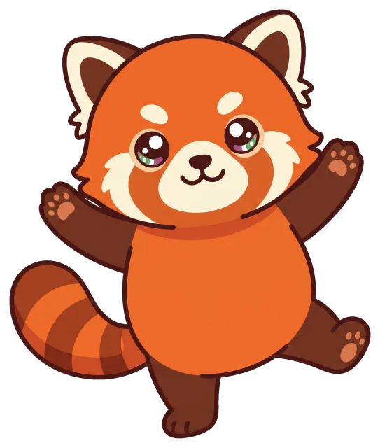 Cute cartoon red panda with big eyes and raised arms