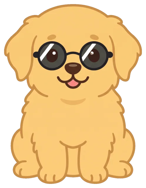 Cute golden retriever puppy wearing round sunglasses