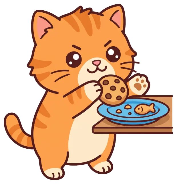 Cute orange cat eating cookie next to fish on plate