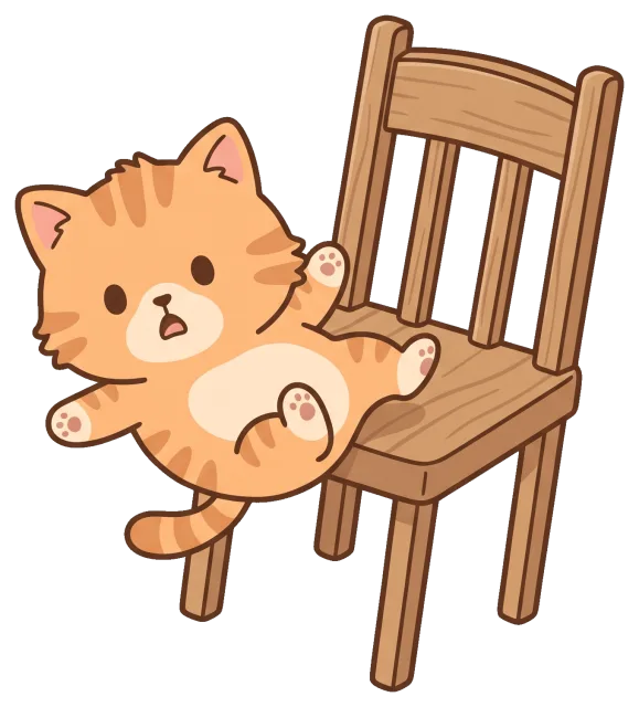 Cute orange cat falling off a wooden chair