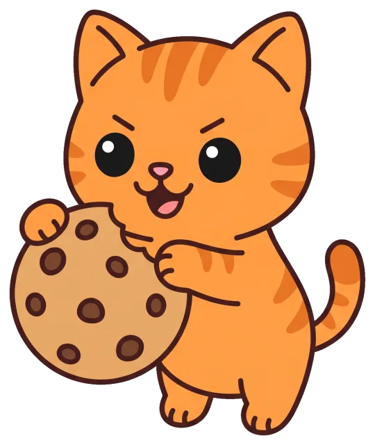Cute orange cat holding a chocolate chip cookie