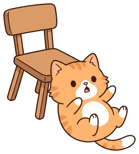 Cute orange cat lying on its back next to a wooden chair