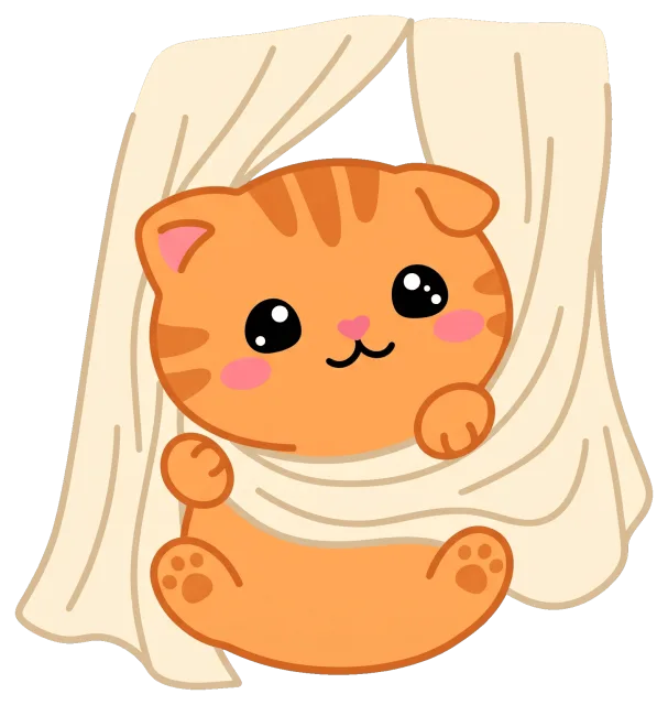 Cute orange cat peeking from behind cream curtains