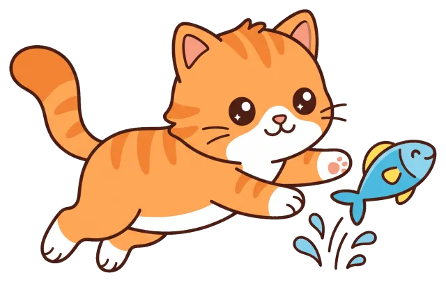 Cute orange cat playing with a jumping blue fish