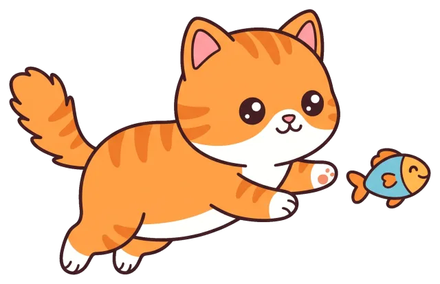 cute orange cat playing with a small fish