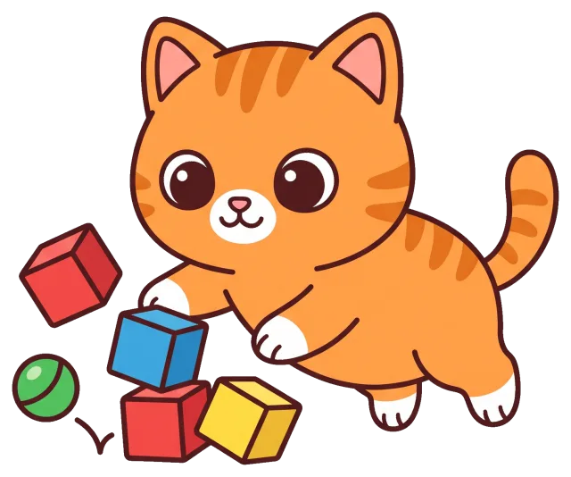 Cute orange cat playing with colorful blocks and ball