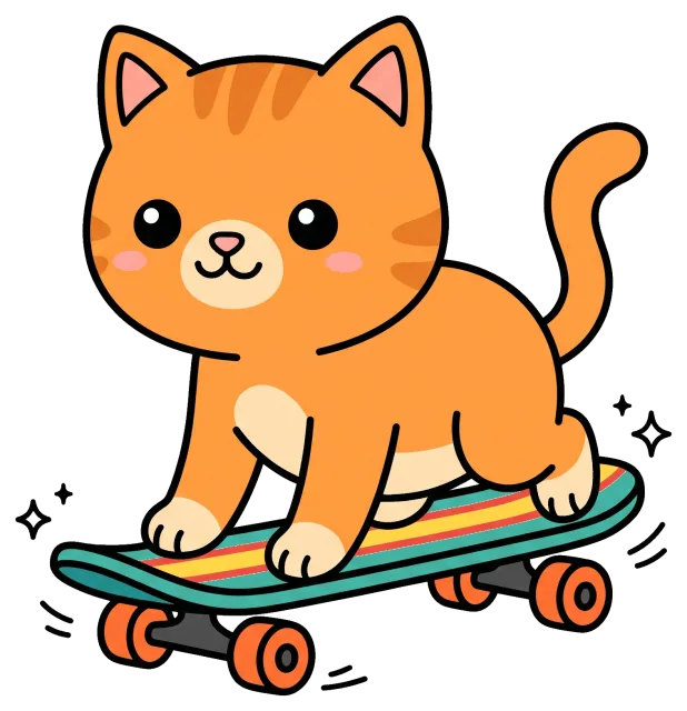 Cute orange cat riding a colorful skateboard