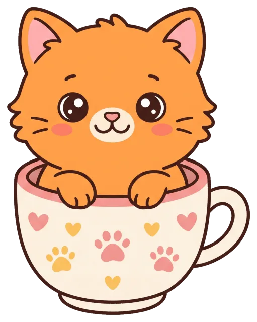 Cute orange cat sitting inside a decorated teacup