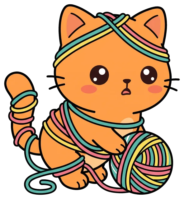 Cute orange cat tangled in colorful yarn ball