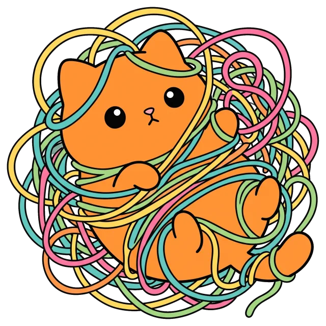 Cute orange cat tangled in colorful yarn ball
