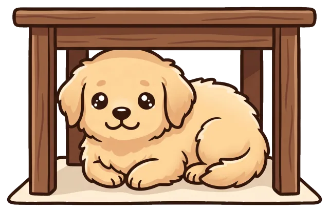 cute puppy lying under wooden table