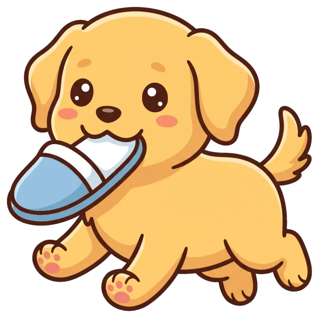 Cute puppy playing with a blue slipper