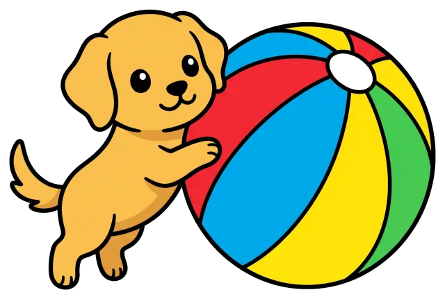 Cute puppy playing with colorful beach ball