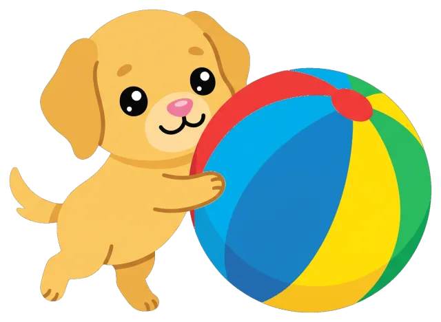 Cute puppy playing with colorful beach ball
