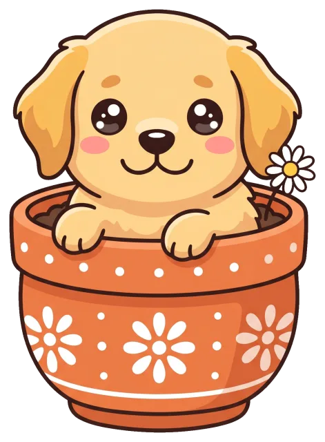 Cute puppy sitting inside decorated flower pot with daisy