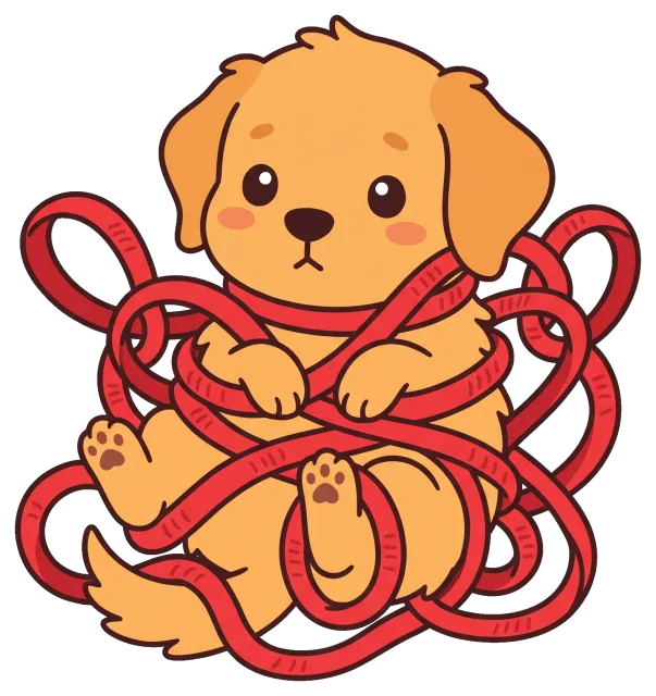 Cute puppy tangled in red leash looking sad