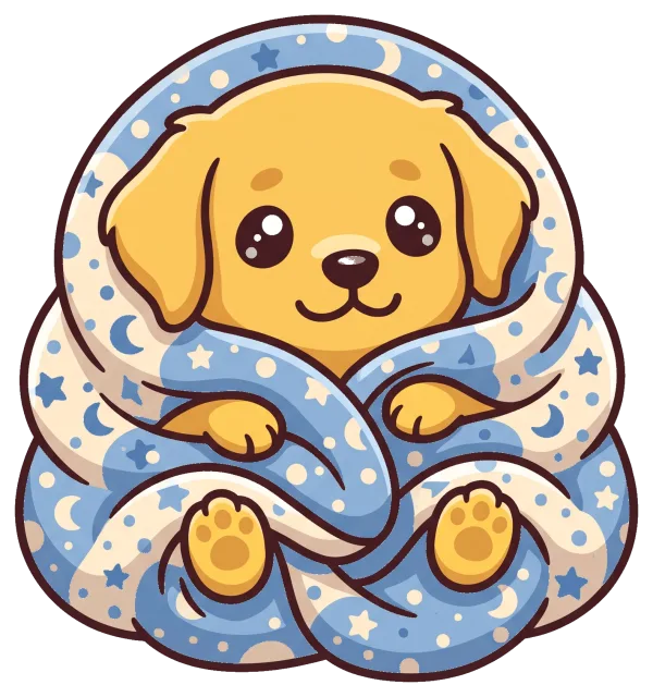 Cute puppy wrapped in a star and moon patterned blanket