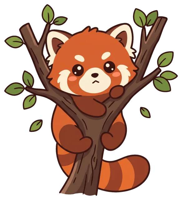 Cute red panda clinging to a leafy tree branch