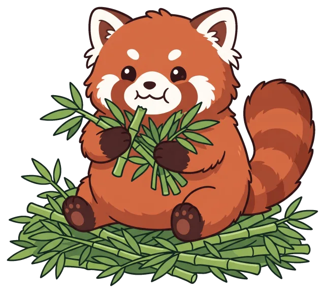 Cute red panda eating bamboo surrounded by bamboo stalks