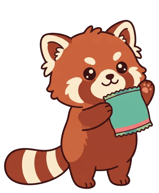 Cute red panda holding a snack bag