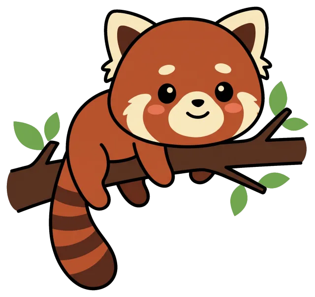 Cute red panda resting on a tree branch with green leaves
