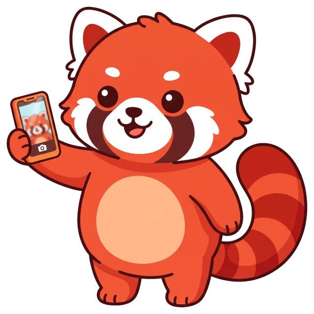 Cute red panda taking a selfie with a smartphone