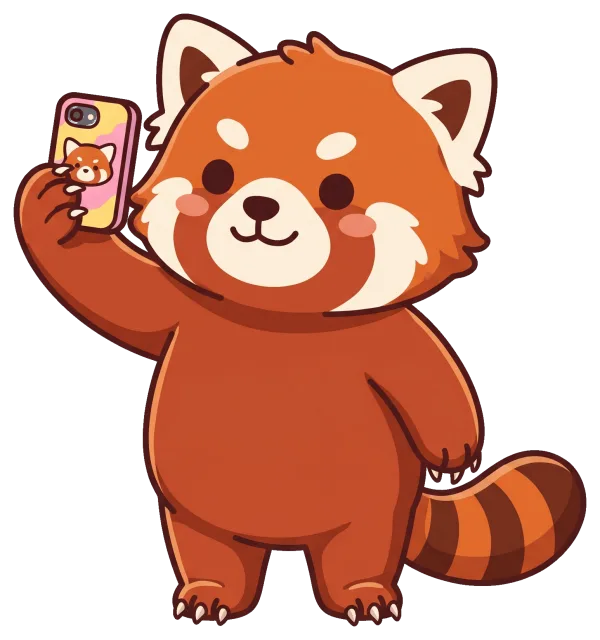 Cute red panda taking a selfie with a smartphone