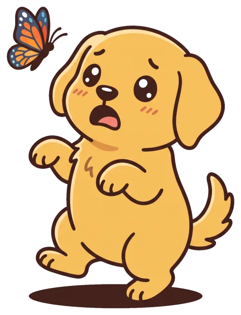 Cute scared puppy looking at butterfly