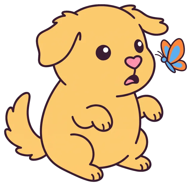 Cute surprised puppy looking at a colorful butterfly
