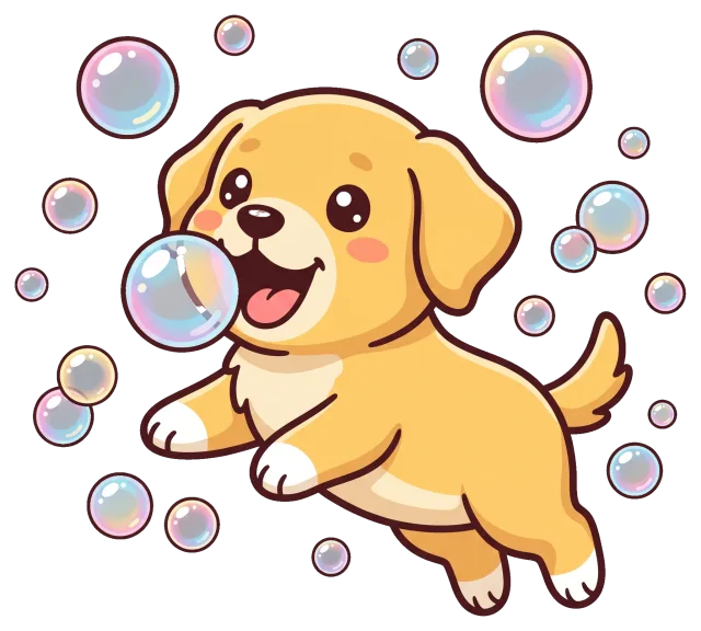 Happy cartoon puppy playing with bubbles