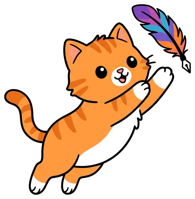 Playful orange cat reaching for colorful feather toy