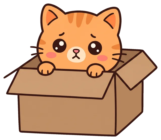 Sad orange cat peeking out of a cardboard box