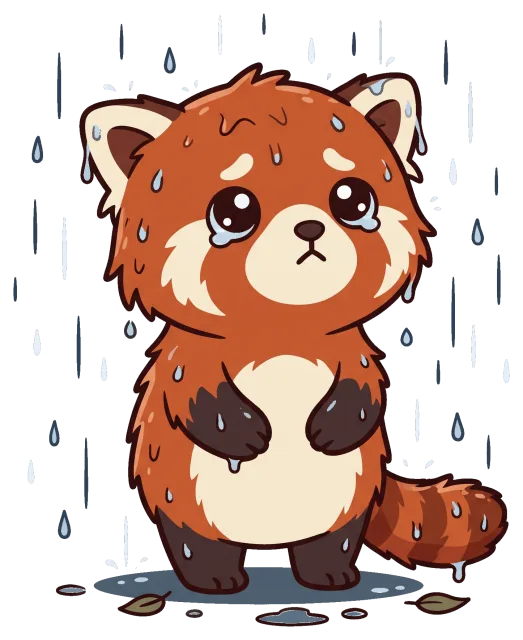 Sad red panda standing in the rain with big teary eyes
