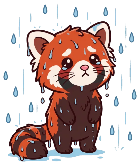 Sad red panda standing in the rain with water drops